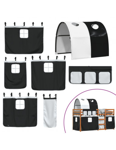 Letto a Castello con Tende Bianco e Nero 90x200cm Massello Pino