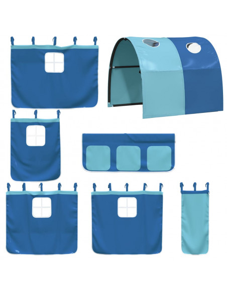 Letto a Castello con Tende Blu 80x200 cm Massello Pino