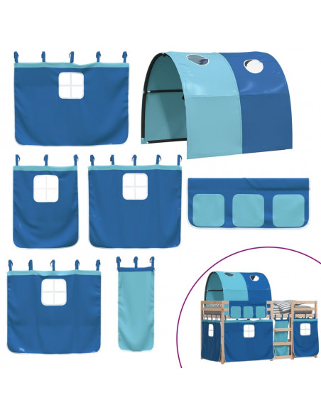 Letto a Castello con Tende Blu 80x200 cm Massello Pino