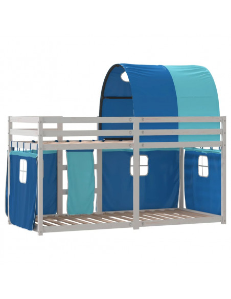 Letto a Castello con Tende Blu 90x200cm Massello Pino