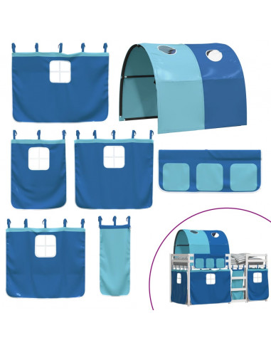 Letto a Castello con Tende Blu 90x200cm Massello Pino