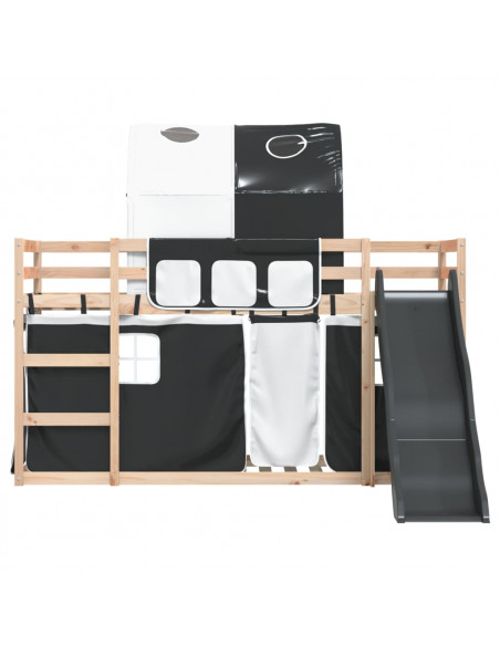 Letto a Castello con Scivolo e Tende Bianco e Nero 80x200 cm