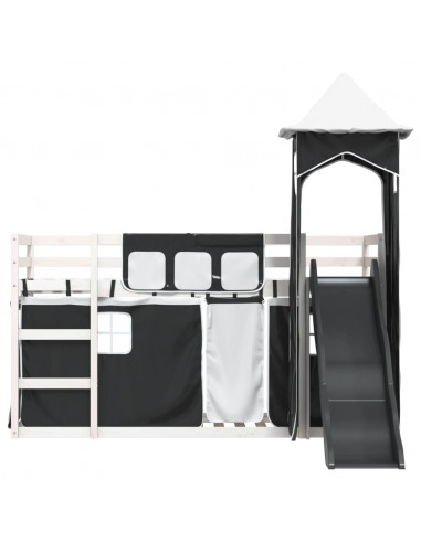 Letto a Castello con Scivolo e Tende Bianco e Nero 80x200 cm