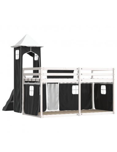 Letto a Castello con Scivolo e Tende Bianco e Nero 80x200 cm