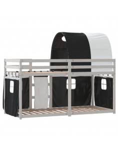 Letto a Castello con Tende Bianco e Nero 90x200cm Massello Pino 2