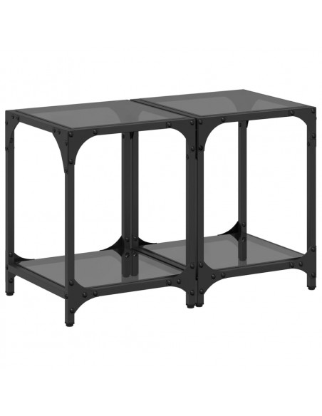 Tavolini da Salotto con Piano Vetro Nero 2pz 30x30x40cm Acciaio