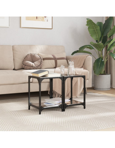 Tavolini da Salotto con Piano Vetro Nero 2pz 30x30x40cm Acciaio