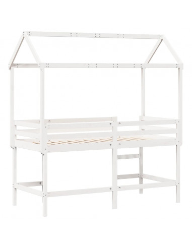 Letto Soppalco con Scala e Tetto Bianco 80x200 cm Massello Pino