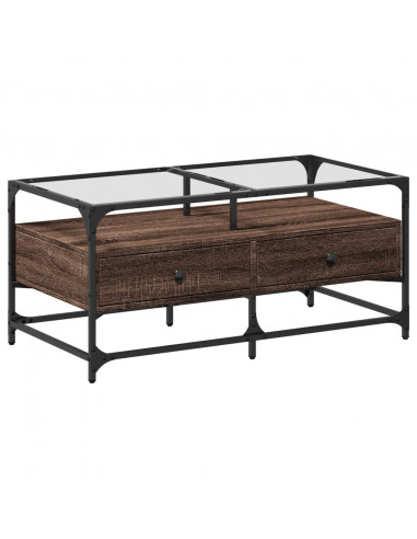 Tavolino con Piano in Vetro Rovere Marrone 98,5x50x45cm Acciaio