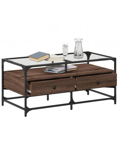 Tavolino con Piano in Vetro Rovere Marrone 98,5x50x45cm Acciaio