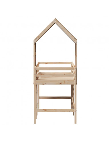 Letto Soppalco con Scala e Tetto 90x200 cm Legno Massello Pino