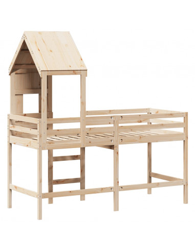 Letto Soppalco con Scala e Tetto 90x200 cm Legno Massello Pino