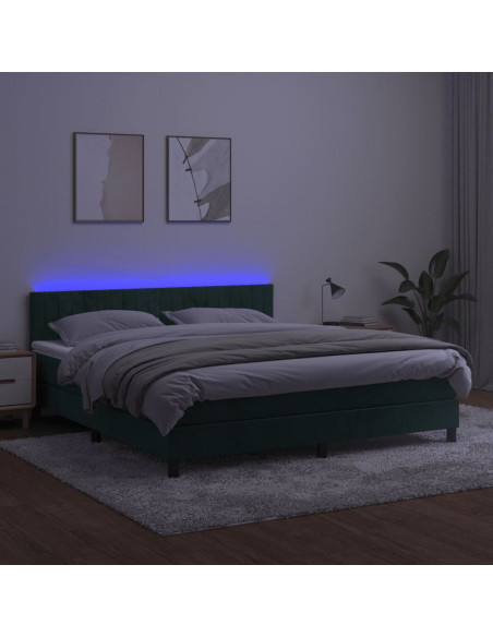 Letto a Molle con Materasso e LED Verde Scuro 180x200cm Velluto