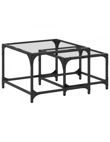 Tavolini Impilabili 2pz con Piano Vetro Trasparente in Acciaio