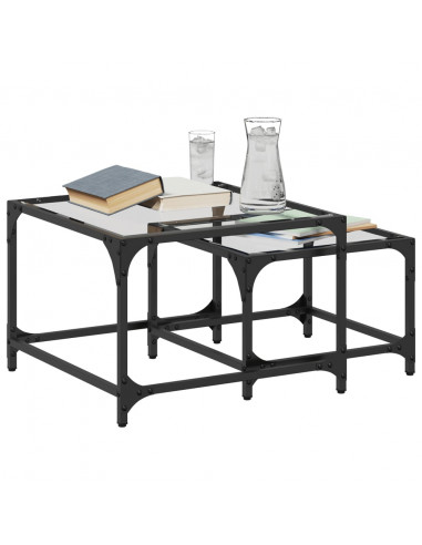 Tavolini Impilabili 2pz con Piano Vetro Trasparente in Acciaio