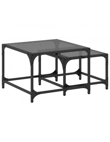 Tavolini Impilabili 2pz con Piano Vetro Nero in Acciaio