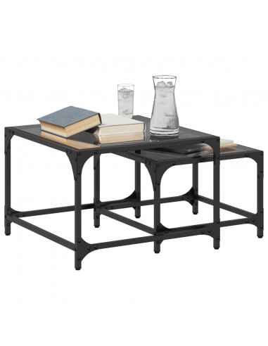Tavolini Impilabili 2pz con Piano Vetro Nero in Acciaio