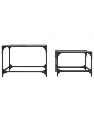Tavolini Impilabili 2pz con Piano Vetro Nero in Acciaio