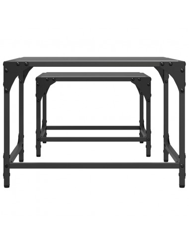 Tavolini Impilabili 2pz con Piano Vetro Nero in Acciaio