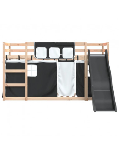 Letto a Castello con Scivolo e Tende Bianco e Nero 90x200 cm
