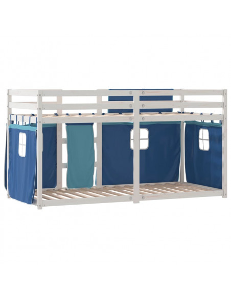 Letto a Castello con Tende Blu 90x200cm Massello Pino