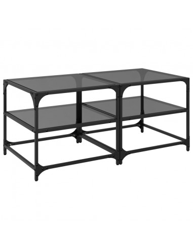 Tavolini da Salotto con Piano Vetro Nero 2pz 50x50x45cm Acciaio