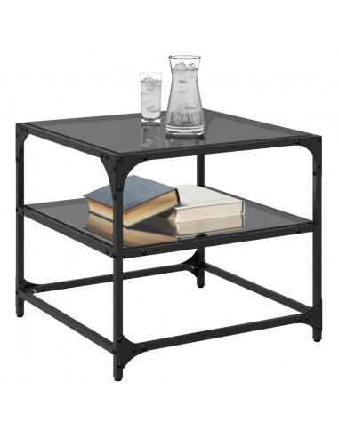 Tavolini da Salotto con Piano Vetro Nero 2pz 50x50x45cm Acciaio