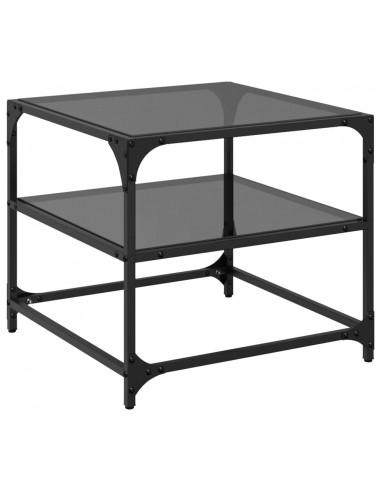 Tavolini da Salotto con Piano Vetro Nero 2pz 50x50x45cm Acciaio