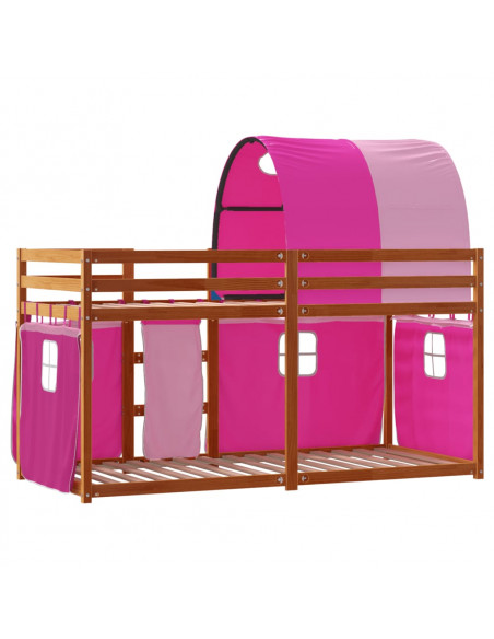 Letto a Castello con Tende Rosa 80x200 cm Legno Massello Pino
