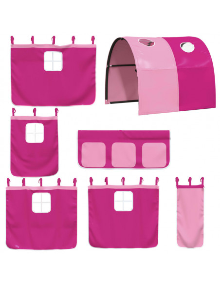 Letto a Castello con Tende Rosa 80x200 cm Legno Massello Pino