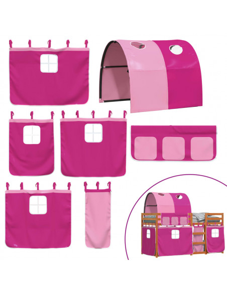 Letto a Castello con Tende Rosa 80x200 cm Legno Massello Pino