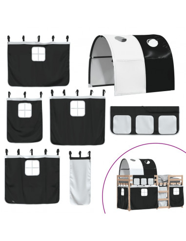 Letto a Castello con Tende Bianco e Nero 90x200cm Massello Pino