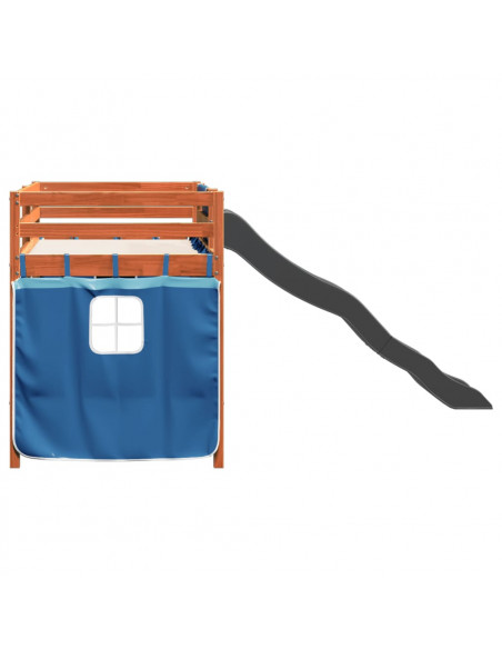 Letto a Soppalco Bambini con Tende Blu 90x190 cm Massello Pino
