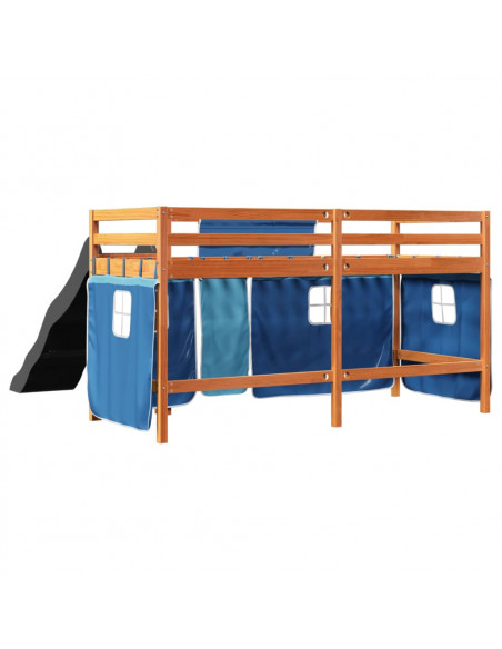 Letto a Soppalco Bambini con Tende Blu 90x190 cm Massello Pino