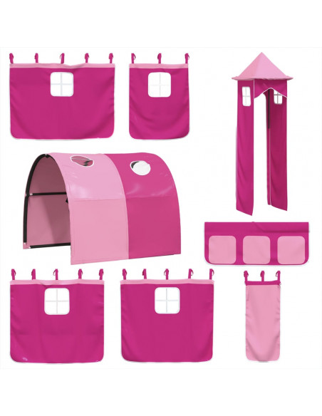 Letto a Soppalco con Torre Bambini Rosa 90x190cm Massello Pino