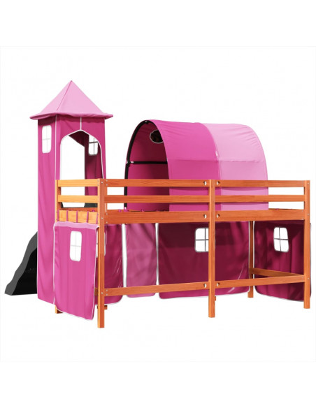 Letto a Soppalco con Torre Bambini Rosa 90x190cm Massello Pino