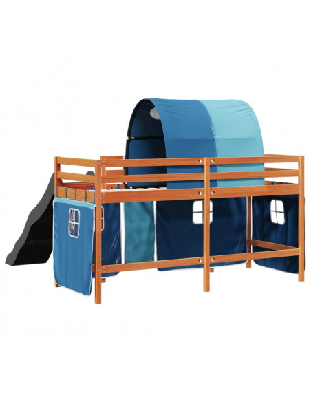 Letto a Soppalco con Tunnel Bambini Blu 90x200cm Massello Pino