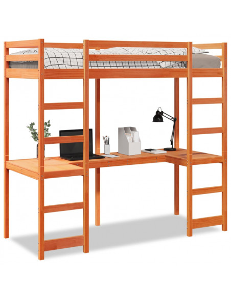 Letto Soppalco con Scrivania Marrone Cera 90x200 cm Legno Pino