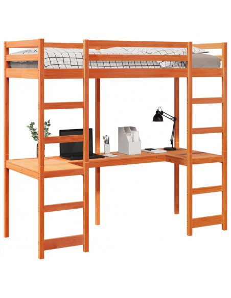 Letto Soppalco con Scrivania Marrone Cera 90x200 cm Legno Pino