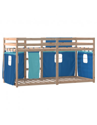 Letto a Castello con Tende Blu 80x200 cm Massello Pino