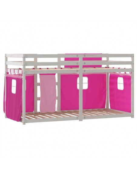Letto a Castello con Tende Rosa 75x190 cm Legno Massello Pino