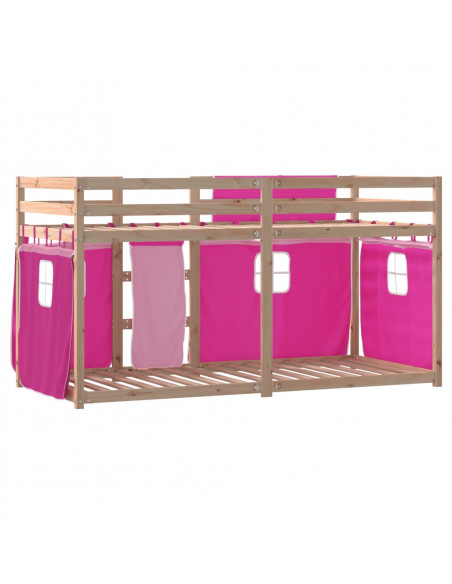Letto a Castello con Tende Rosa 90x200 cm Legno Massello Pino