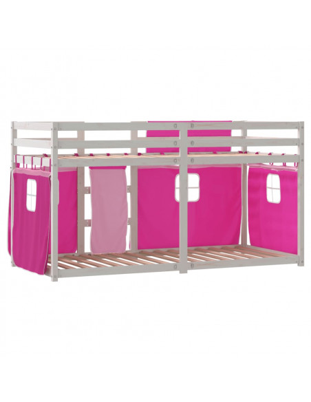 Letto a Castello con Tende Rosa 80x200 cm Legno Massello Pino