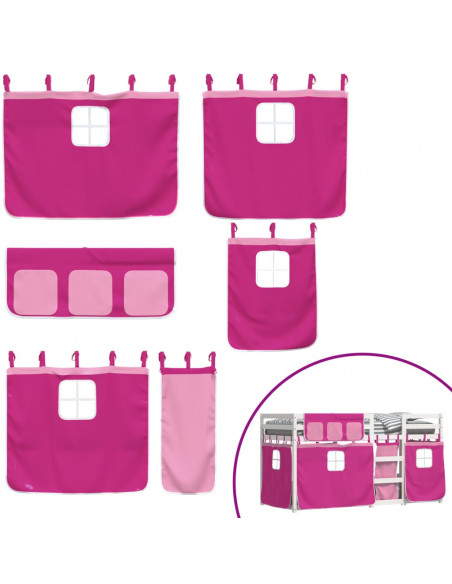 Letto a Castello con Tende Rosa 80x200 cm Legno Massello Pino