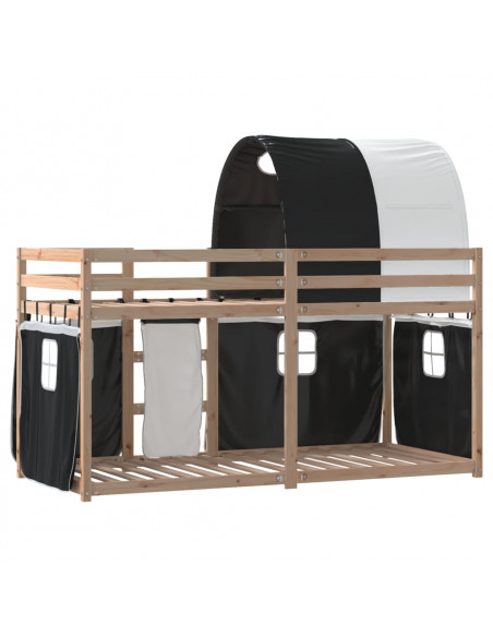 Letto a Castello con Tende Bianco e Nero 75x190cm Massello Pino