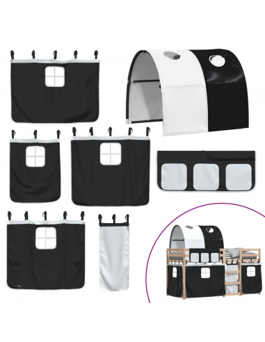 Letto a Castello con Tende Bianco e Nero 75x190cm Massello Pino