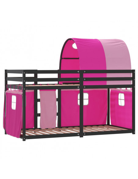 Letto a Castello con Tende Rosa 90x200 cm Legno Massello Pino