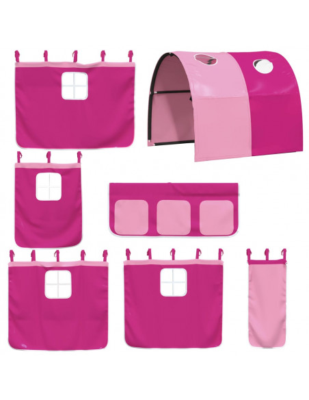 Letto a Castello con Tende Rosa 90x200 cm Legno Massello Pino