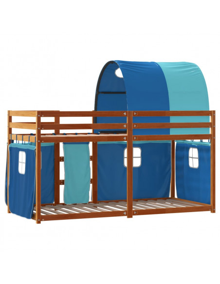 Letto a Castello con Tende Blu 90x190 cm Massello Pino