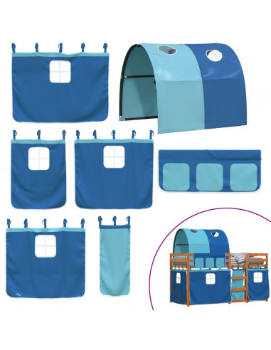 Letto a Castello con Tende Blu 90x190 cm Massello Pino